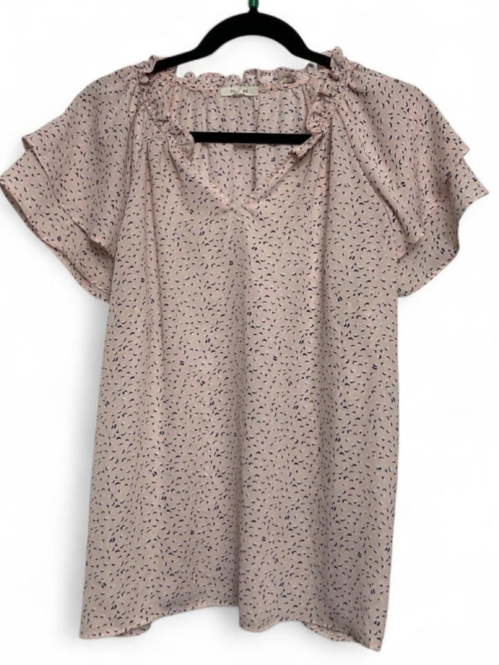 Pleione Blush Pink Ruffle Neck Cap Sleeve Blouse Sz L